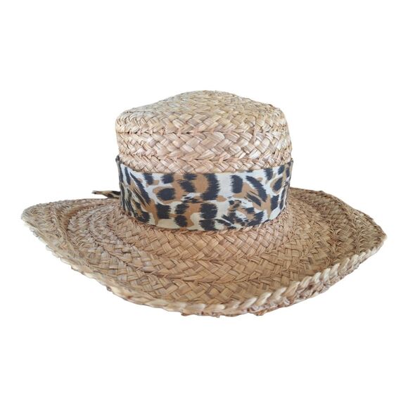 Straw Sun Hat Wide Brim Leopard Print Band with Bow Vintage Not Worn - Picture 4 of 6